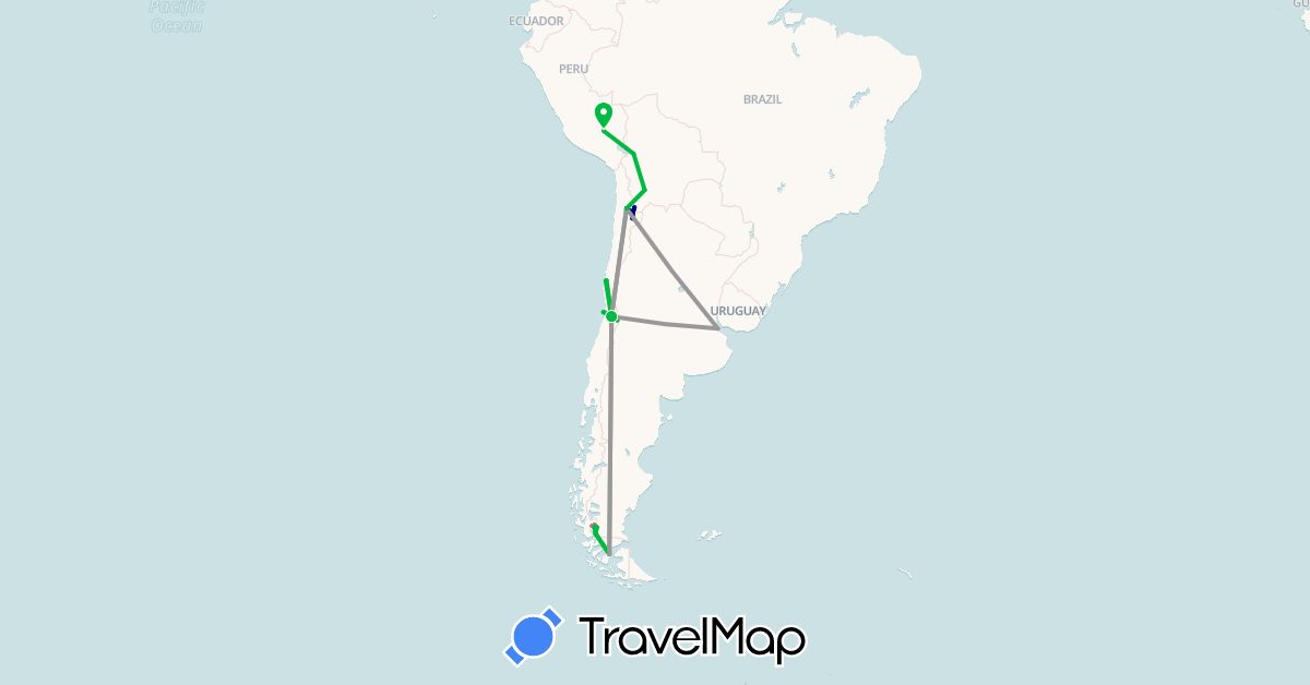 TravelMap itinerary: driving, bus, plane, hiking, boat in Argentina, Bolivia, Chile, Peru (South America)